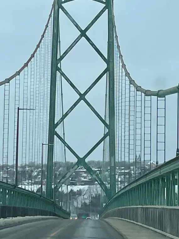 Suspension bridge towers and cables in winter